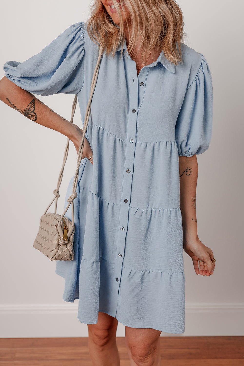 Solid Button-Up Collared Tiered Dress - Rooted & Reckless Co.