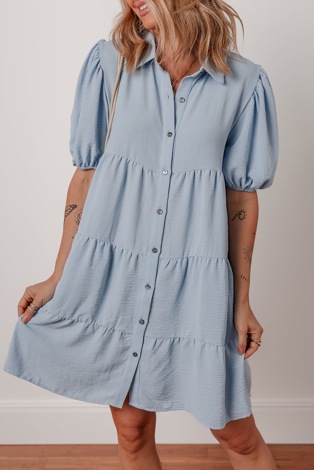 Solid Button-Up Collared Tiered Dress - Rooted & Reckless Co.
