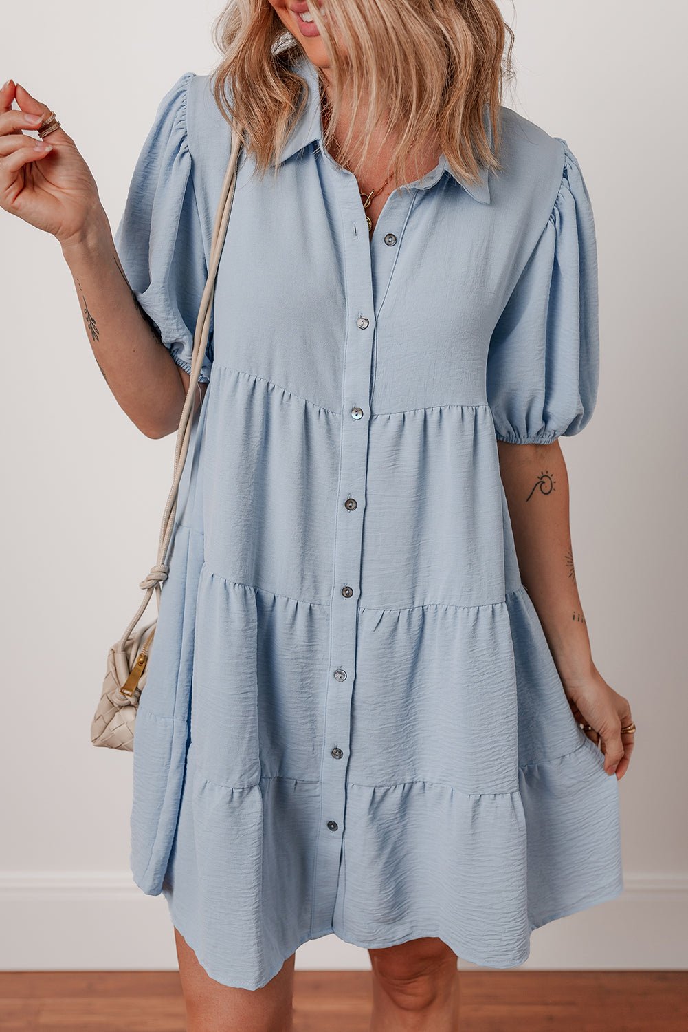 Solid Button-Up Collared Tiered Dress - Rooted & Reckless Co.