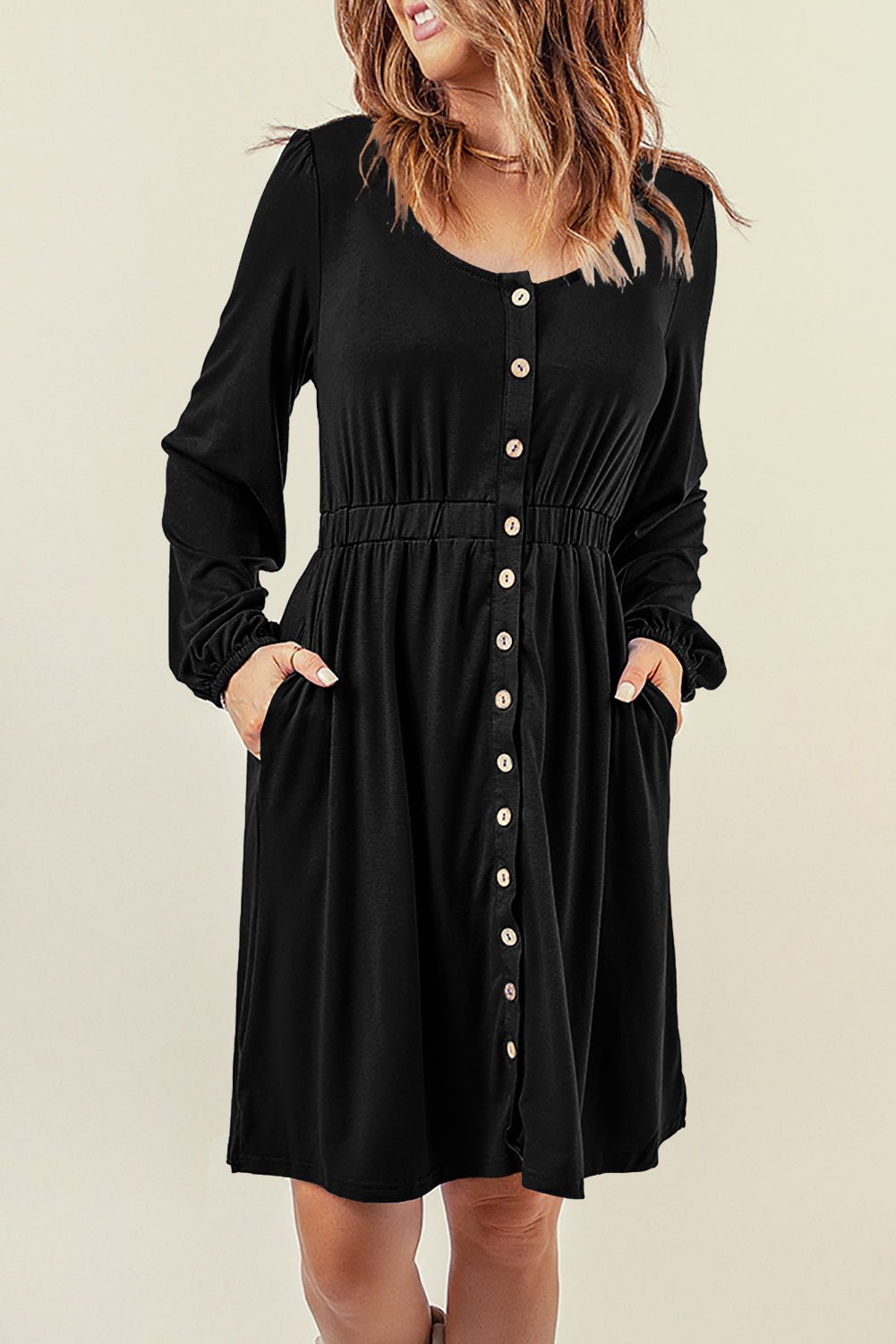 Solid Button-Up Scoop Neck Dress - Rooted & Reckless Co.
