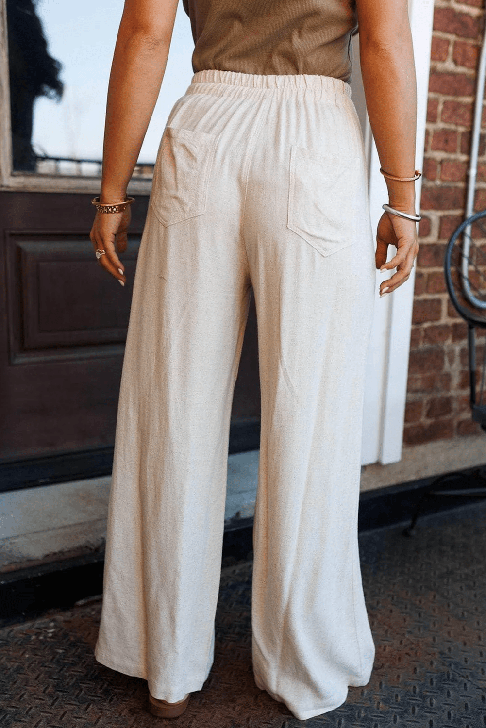 Solid Buttoned Drawstring Waist Pleated Wide Leg Pants - Rooted & Reckless Co.