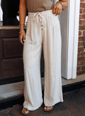Solid Buttoned Drawstring Waist Pleated Wide Leg Pants - Rooted & Reckless Co.