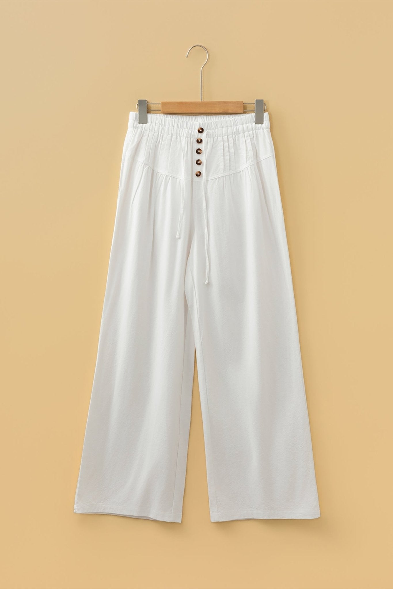 Solid Buttoned Drawstring Waist Pleated Wide Leg Pants - Rooted & Reckless Co.