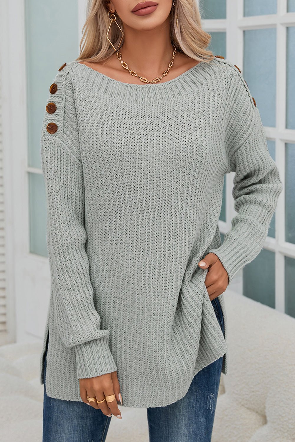 Solid Buttoned Drop Shoulder Sweater - Rooted & Reckless Co.