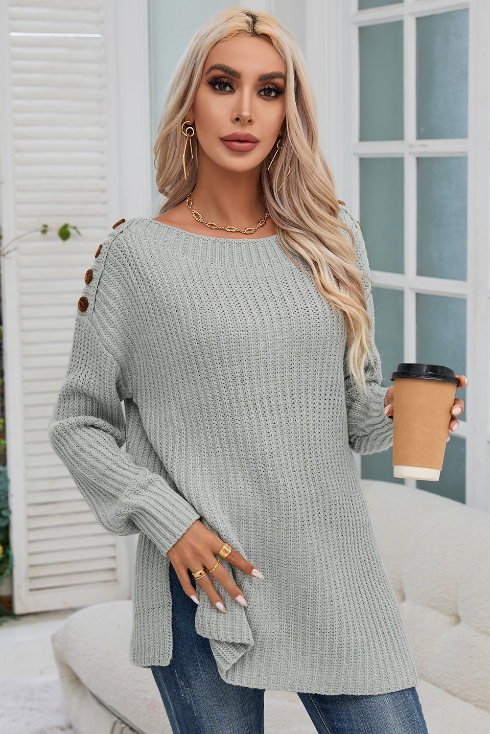 Solid Buttoned Drop Shoulder Sweater - Rooted & Reckless Co.
