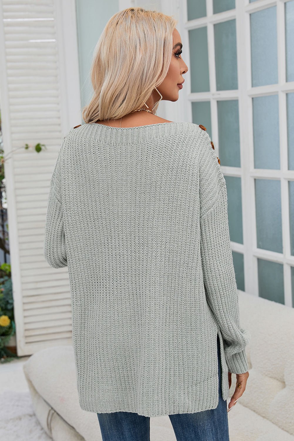 Solid Buttoned Drop Shoulder Sweater - Rooted & Reckless Co.