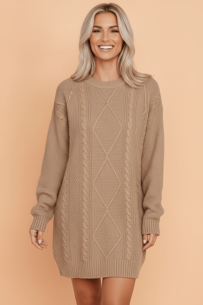 Solid Cable Knit Drop Shoulder Sweater Dress - Rooted & Reckless Co.