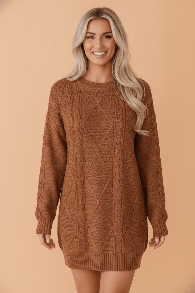 Solid Cable Knit Drop Shoulder Sweater Dress - Rooted & Reckless Co.