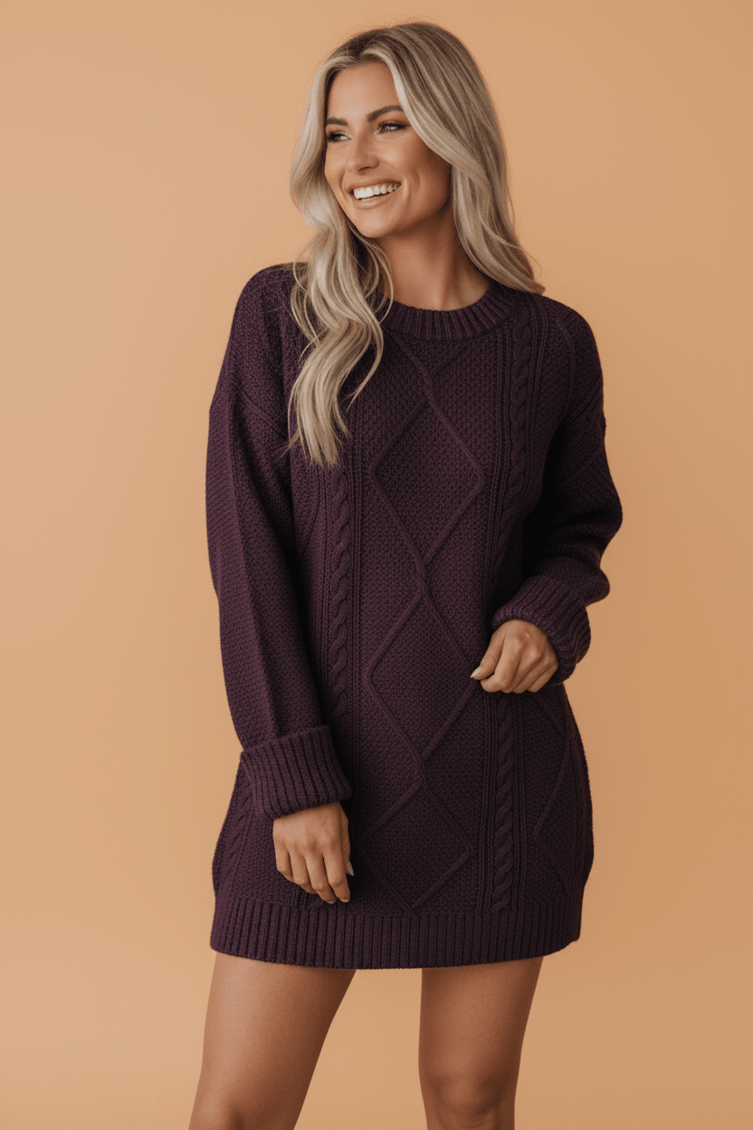 Solid Cable Knit Drop Shoulder Sweater Dress - Rooted & Reckless Co.