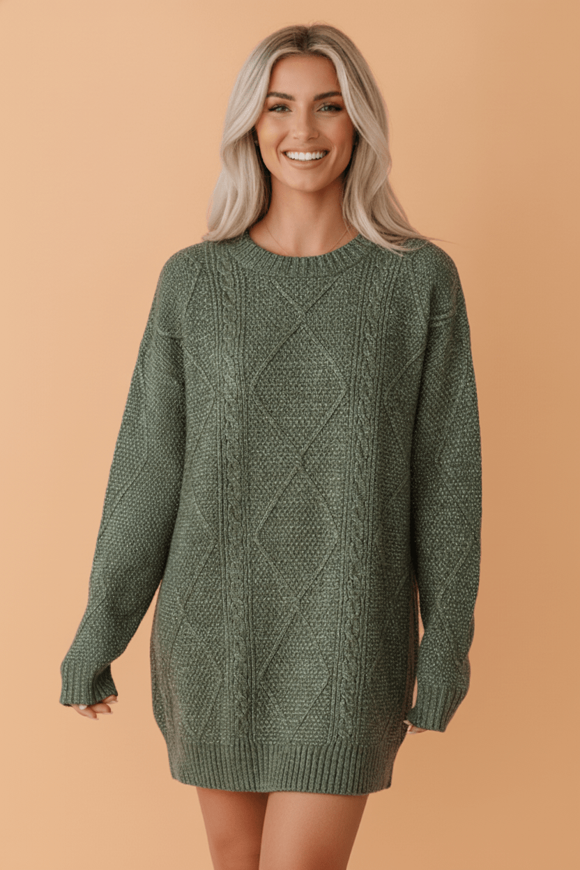 Solid Cable Knit Drop Shoulder Sweater Dress - Rooted & Reckless Co.