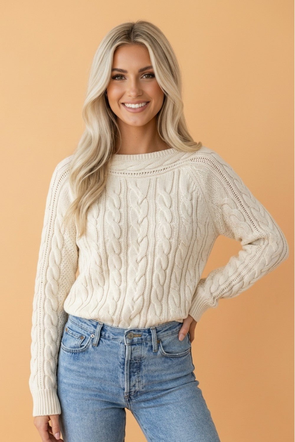 Solid Cable Knit Round Neck Long Sleeve Sweater - Rooted & Reckless Co.