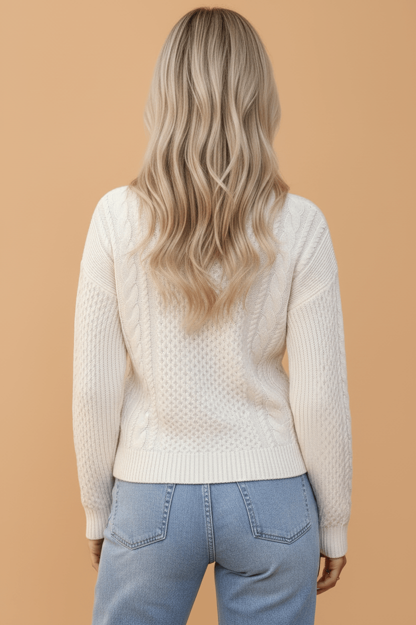 Solid Cable Knit Round Neck Long Sleeve Sweater - Rooted & Reckless Co.