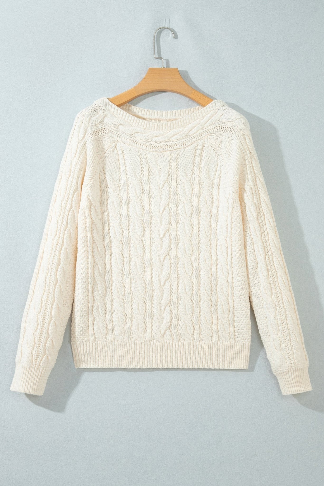 Solid Cable Knit Round Neck Long Sleeve Sweater - Rooted & Reckless Co.