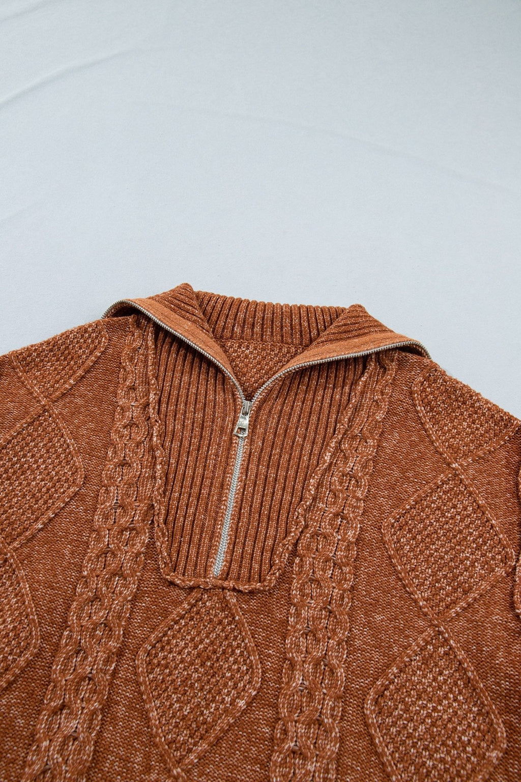 Solid Cable Knit Zip-Up Collar Long Sleeve Sweater Dress - Rooted & Reckless Co.