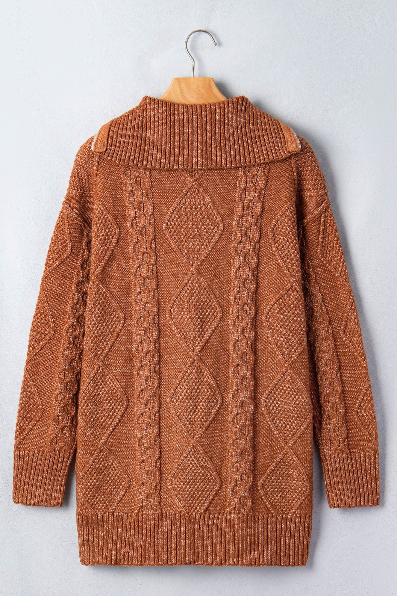 Solid Cable Knit Zip-Up Collar Long Sleeve Sweater Dress - Rooted & Reckless Co.