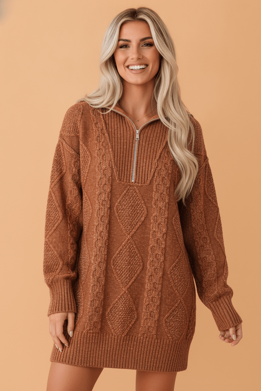 Solid Cable Knit Zip-Up Collar Long Sleeve Sweater Dress - Rooted & Reckless Co.