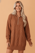 Solid Cable Knit Zip-Up Collar Long Sleeve Sweater Dress - Rooted & Reckless Co.