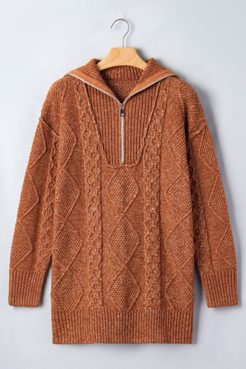 Solid Cable Knit Zip-Up Collar Long Sleeve Sweater Dress - Rooted & Reckless Co.