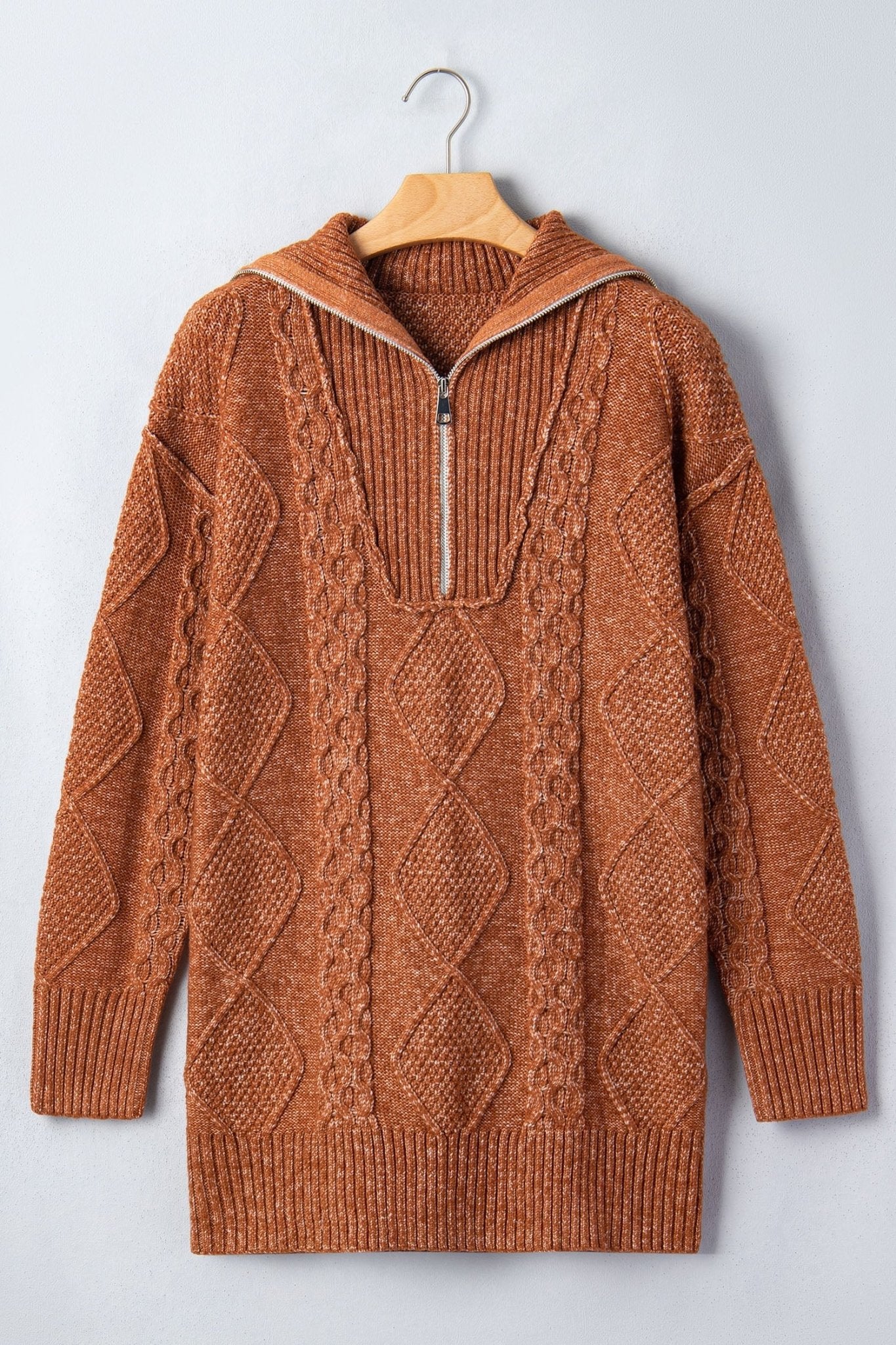 Solid Cable Knit Zip-Up Collar Long Sleeve Sweater Dress - Rooted & Reckless Co.