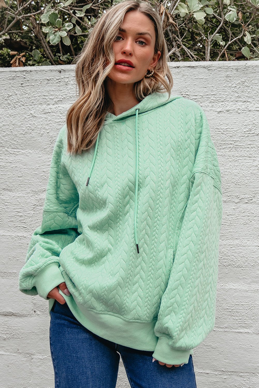 Solid Cable Textured Long Sleeve Baggy Hoodie - Rooted & Reckless Co.