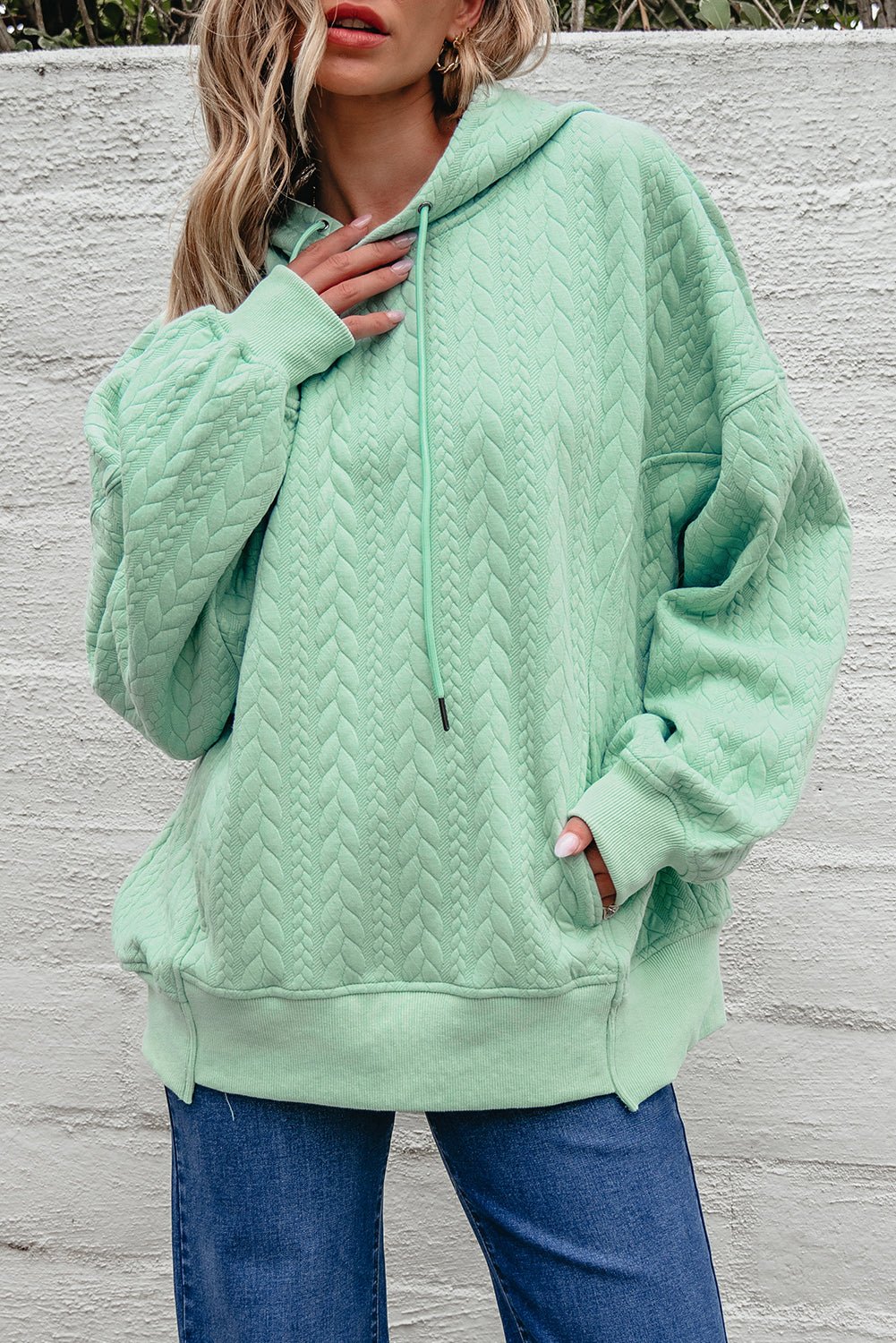Solid Cable Textured Long Sleeve Baggy Hoodie - Rooted & Reckless Co.