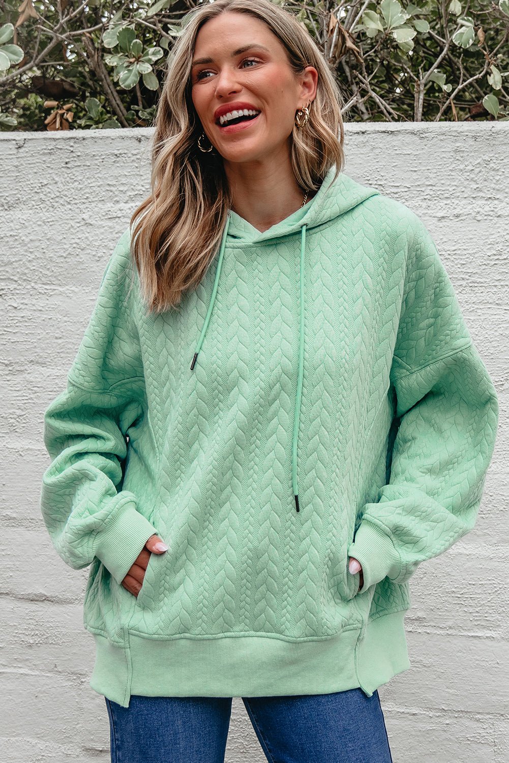 Solid Cable Textured Long Sleeve Baggy Hoodie - Rooted & Reckless Co.