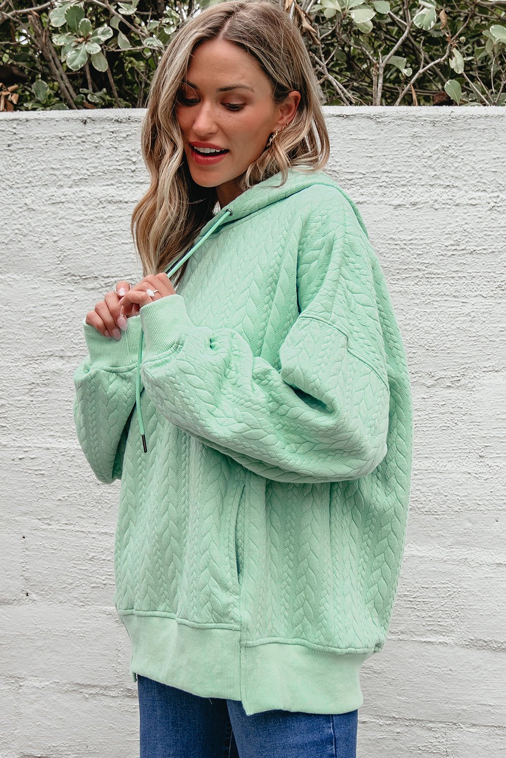 Solid Cable Textured Long Sleeve Baggy Hoodie - Rooted & Reckless Co.