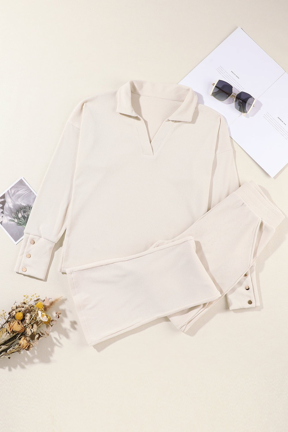 Solid Collared Pullover and Pants Set - Rooted & Reckless Co.