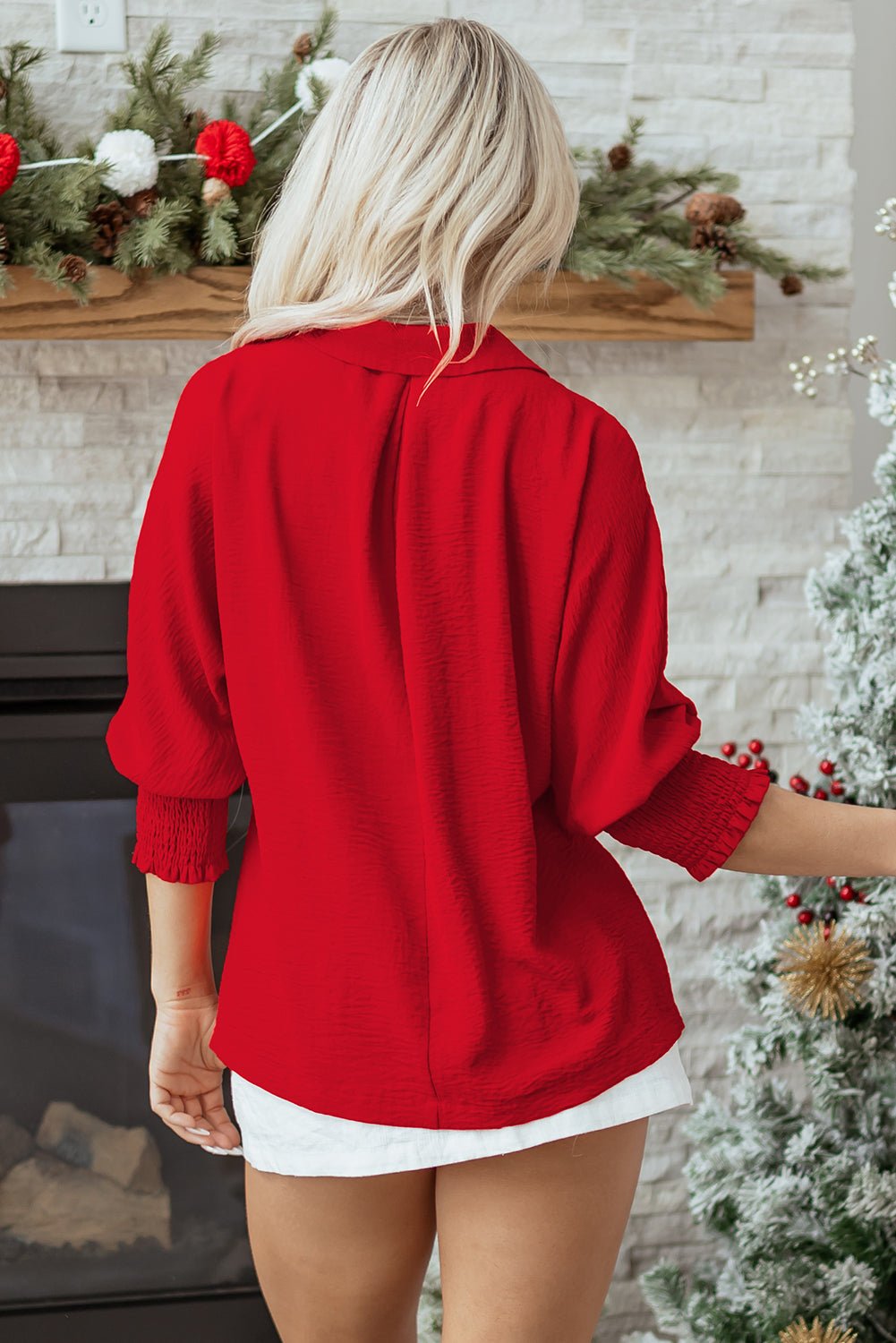 Solid Collared V-Neck Smocked 3/4 Sleeve Top - Rooted & Reckless Co.