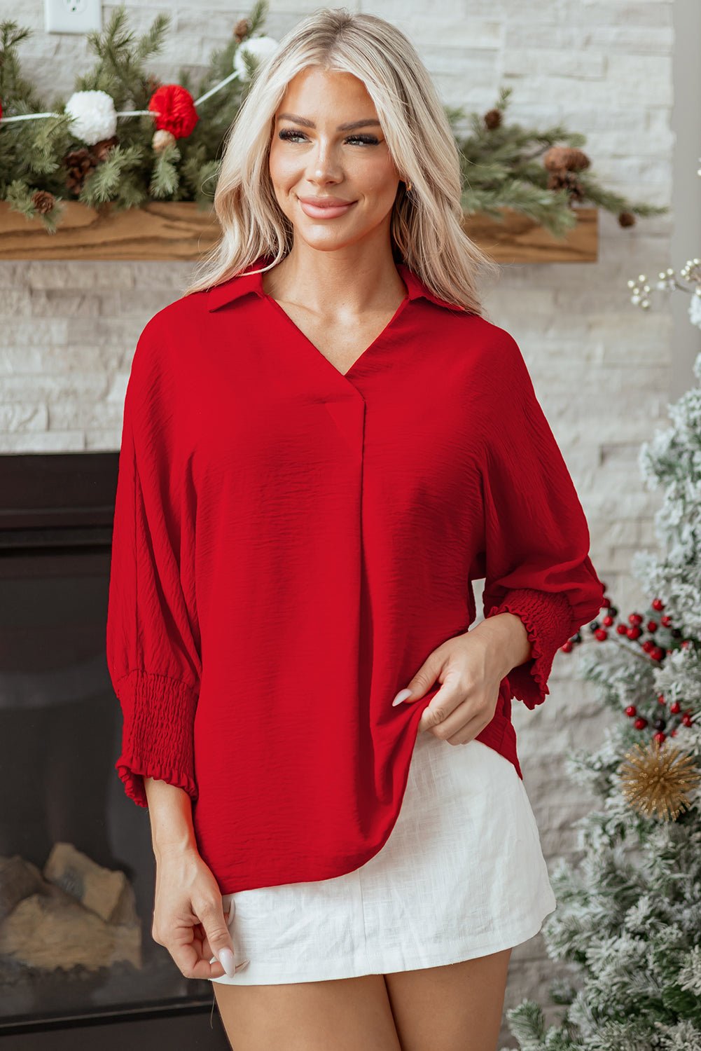 Solid Collared V-Neck Smocked 3/4 Sleeve Top - Rooted & Reckless Co.