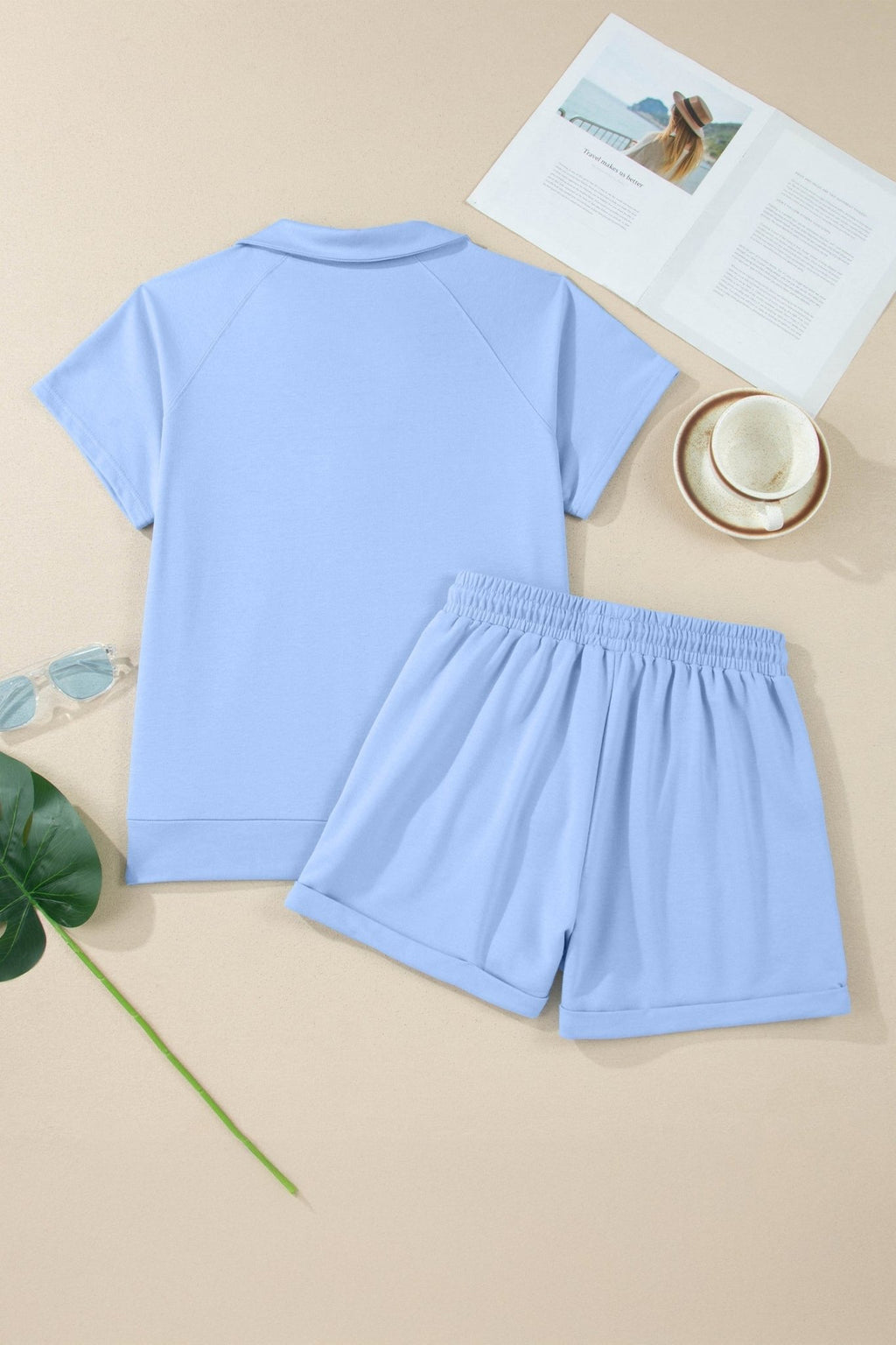 Solid Collared V-Neck Tee & Drawstring Shorts Set - Rooted & Reckless Co.