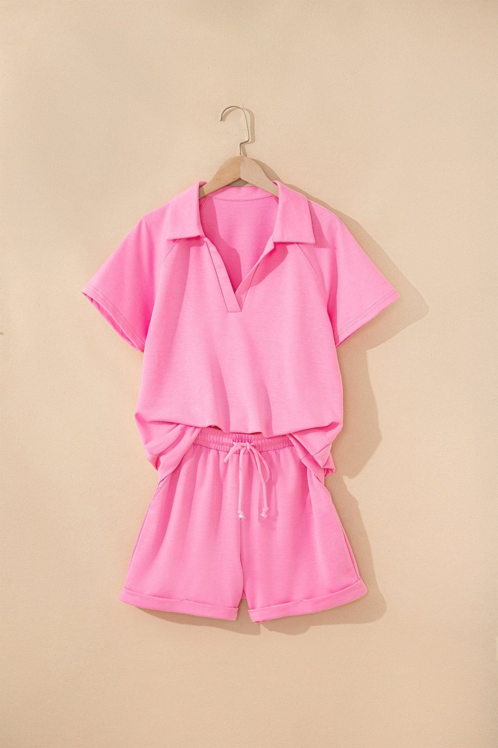 Solid Collared V-Neck Tee & Drawstring Shorts Set - Rooted & Reckless Co.