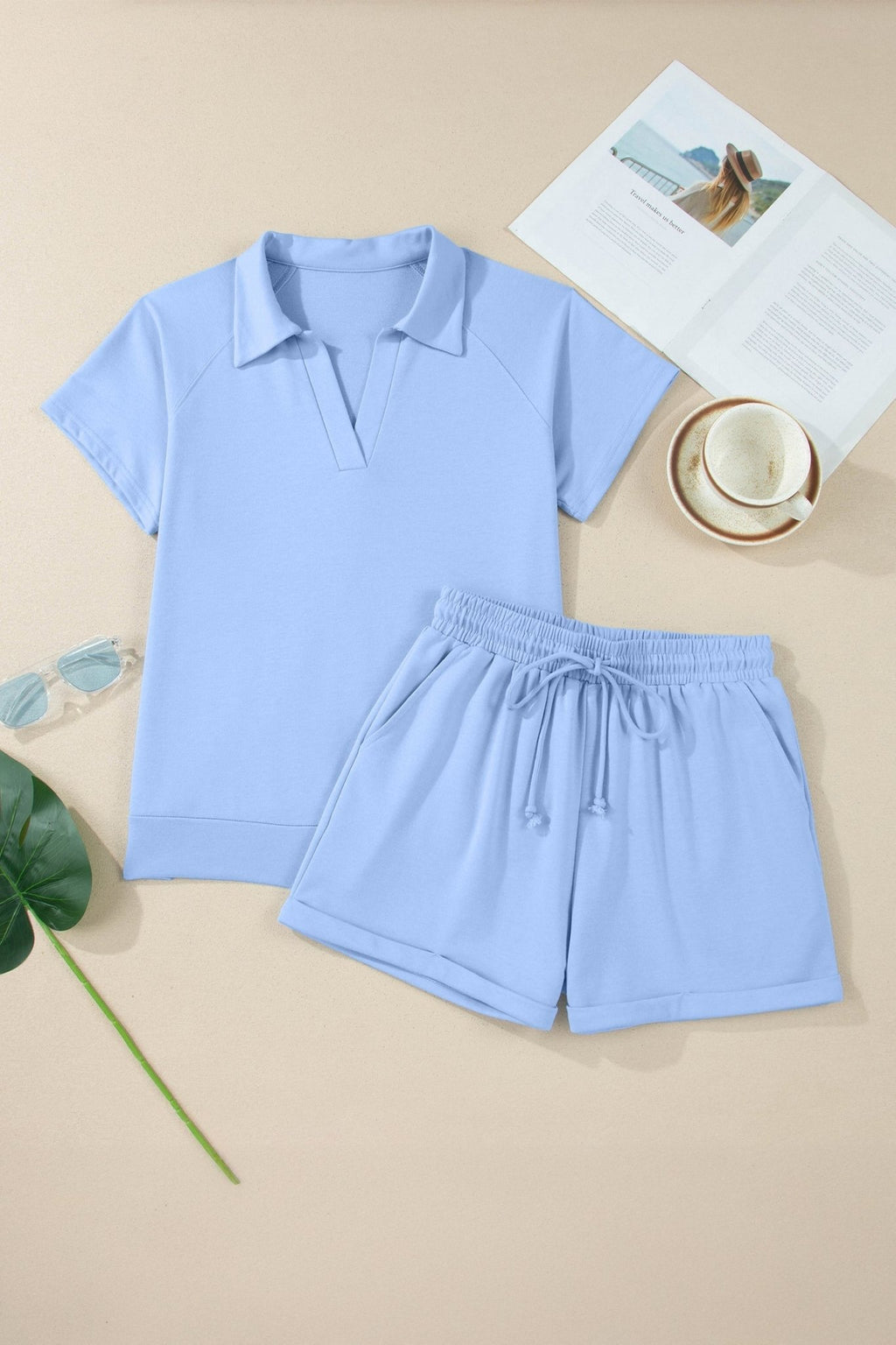 Solid Collared V-Neck Tee & Drawstring Shorts Set - Rooted & Reckless Co.