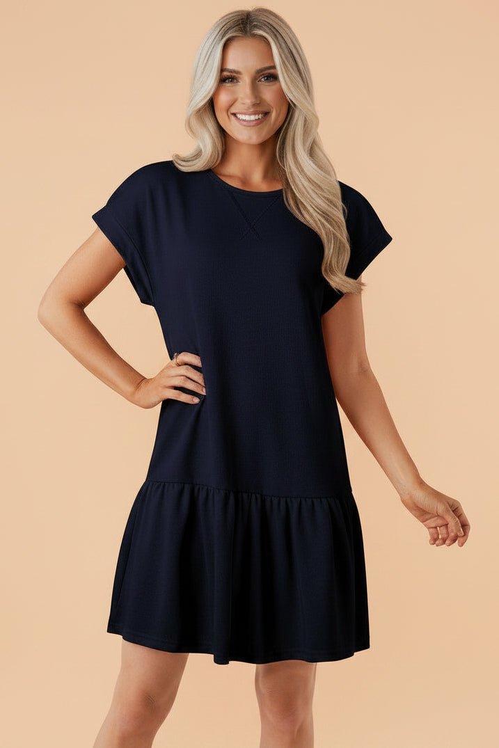 Solid Color Cap Sleeve Ruffle Hem Short Dress - Rooted & Reckless Co.