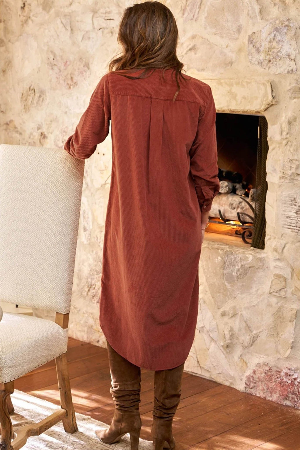 Solid Corduroy Button Front Long Sleeve Midi Dress - Rooted & Reckless Co.
