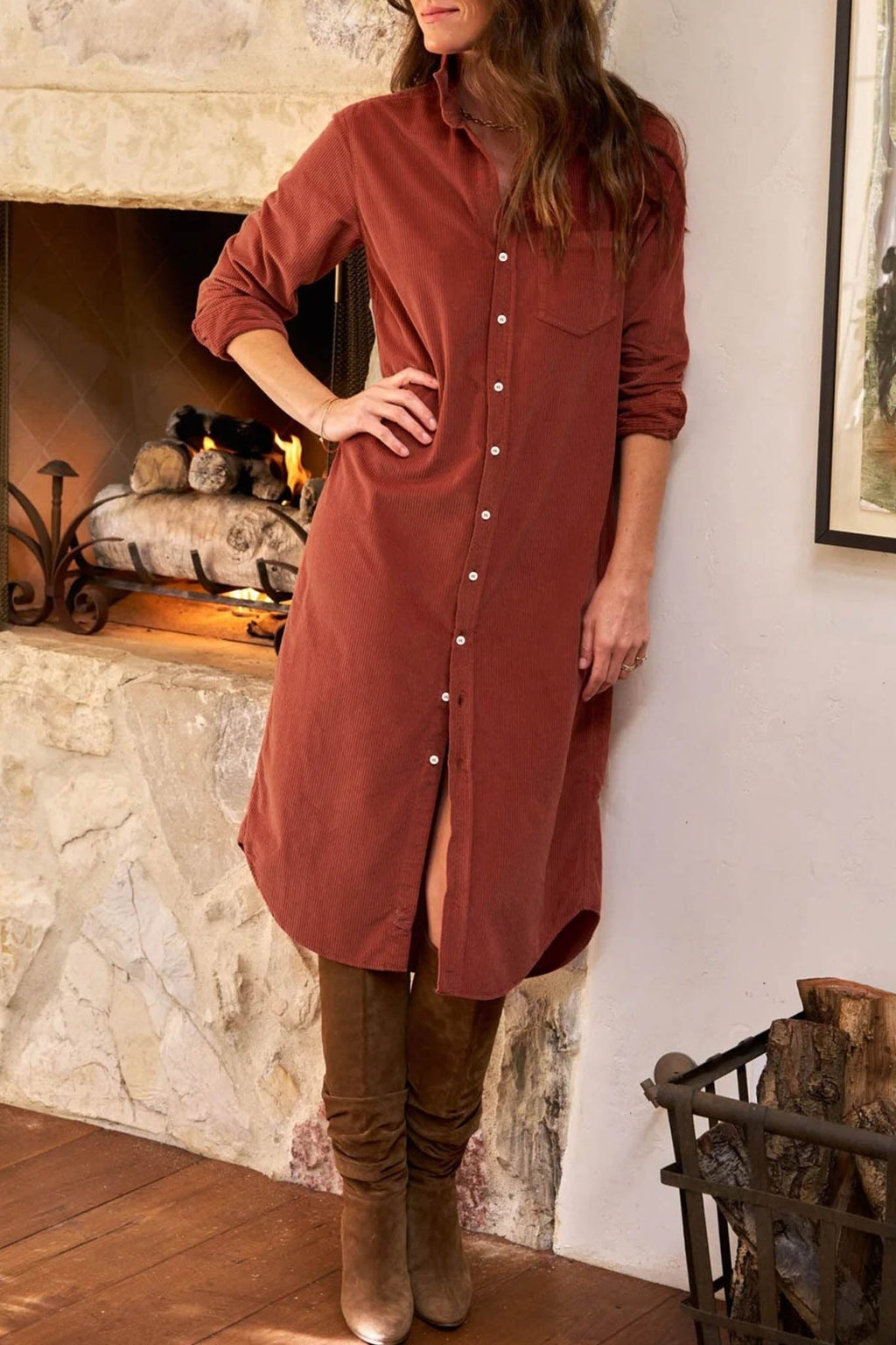 Solid Corduroy Button Front Long Sleeve Midi Dress - Rooted & Reckless Co.