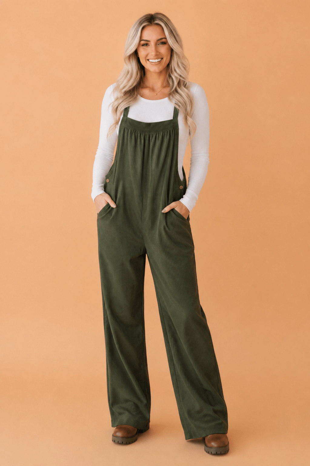 Solid Corduroy Buttoned Adjustable Straps Jumpsuit - Rooted & Reckless Co.