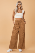 Solid Corduroy Buttoned Elastic Waist Wide Leg Pants - Rooted & Reckless Co.