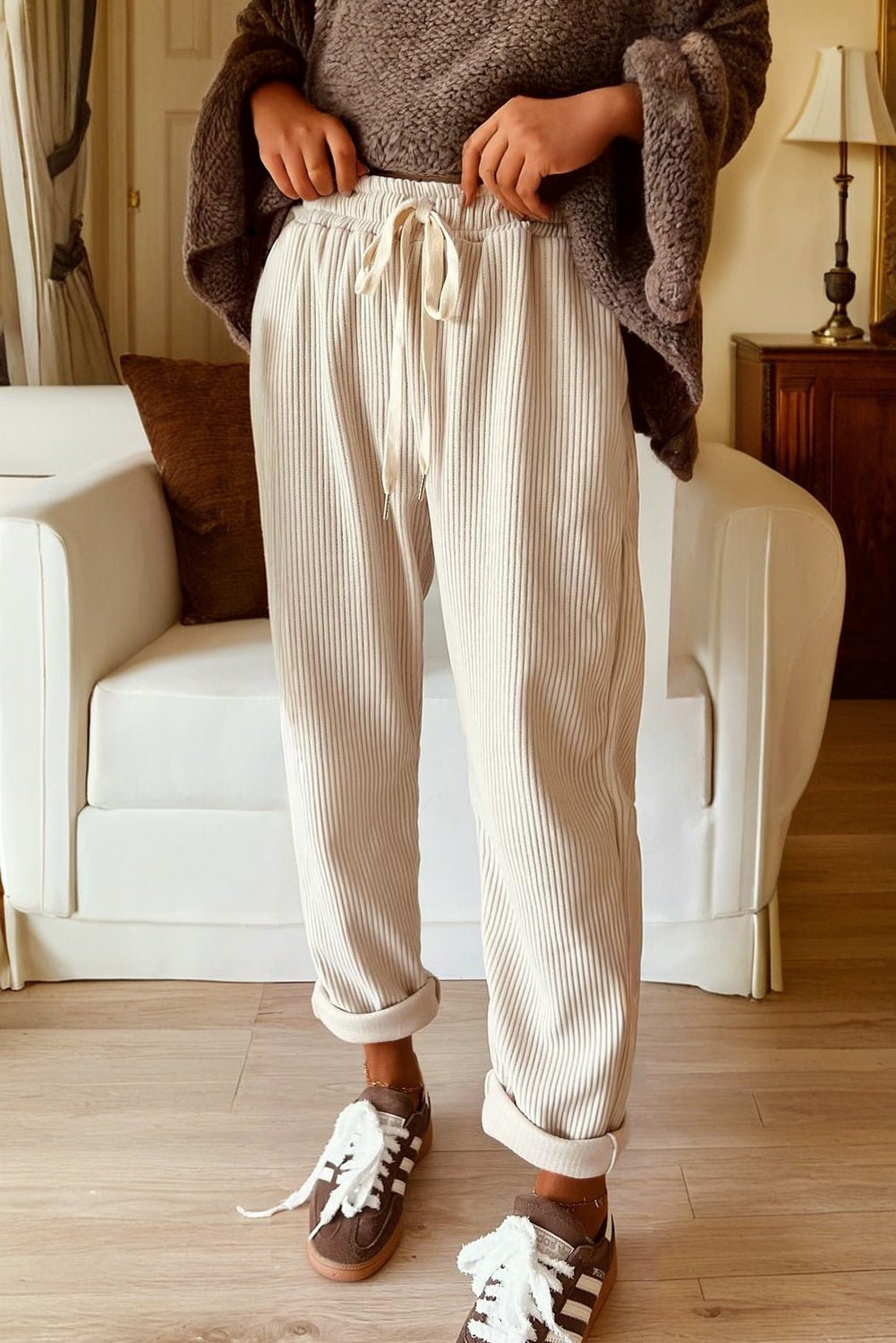 Solid Corduroy Drawstring Elastic Waist Pants - Rooted & Reckless Co.