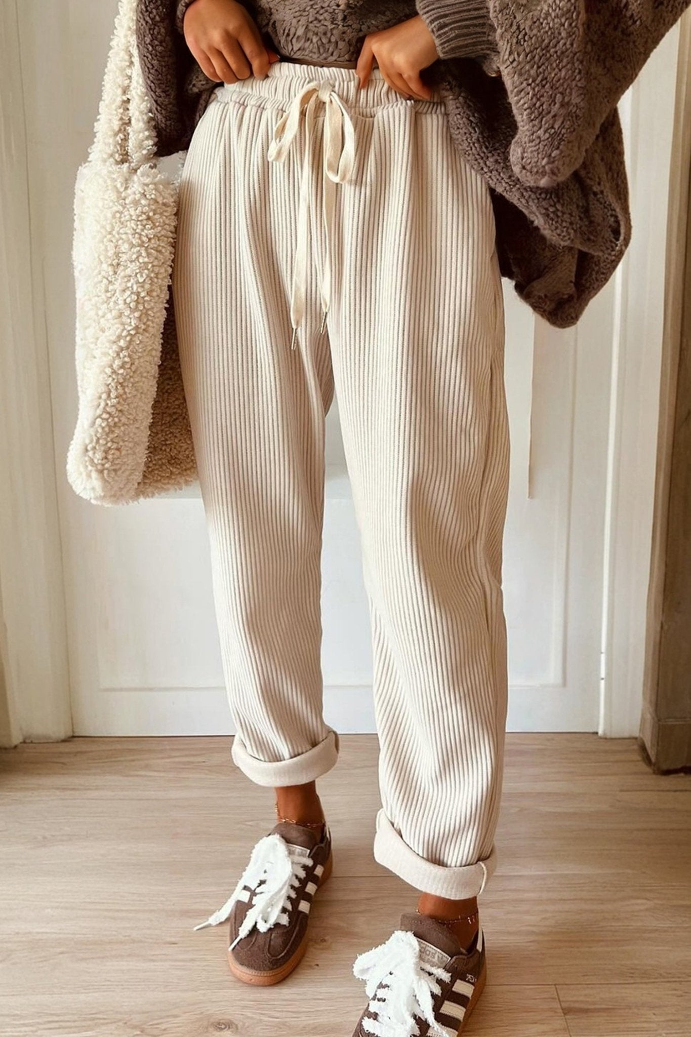 Solid Corduroy Drawstring Elastic Waist Pants - Rooted & Reckless Co.