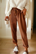 Solid Corduroy Drawstring Elastic Waist Pants - Rooted & Reckless Co.