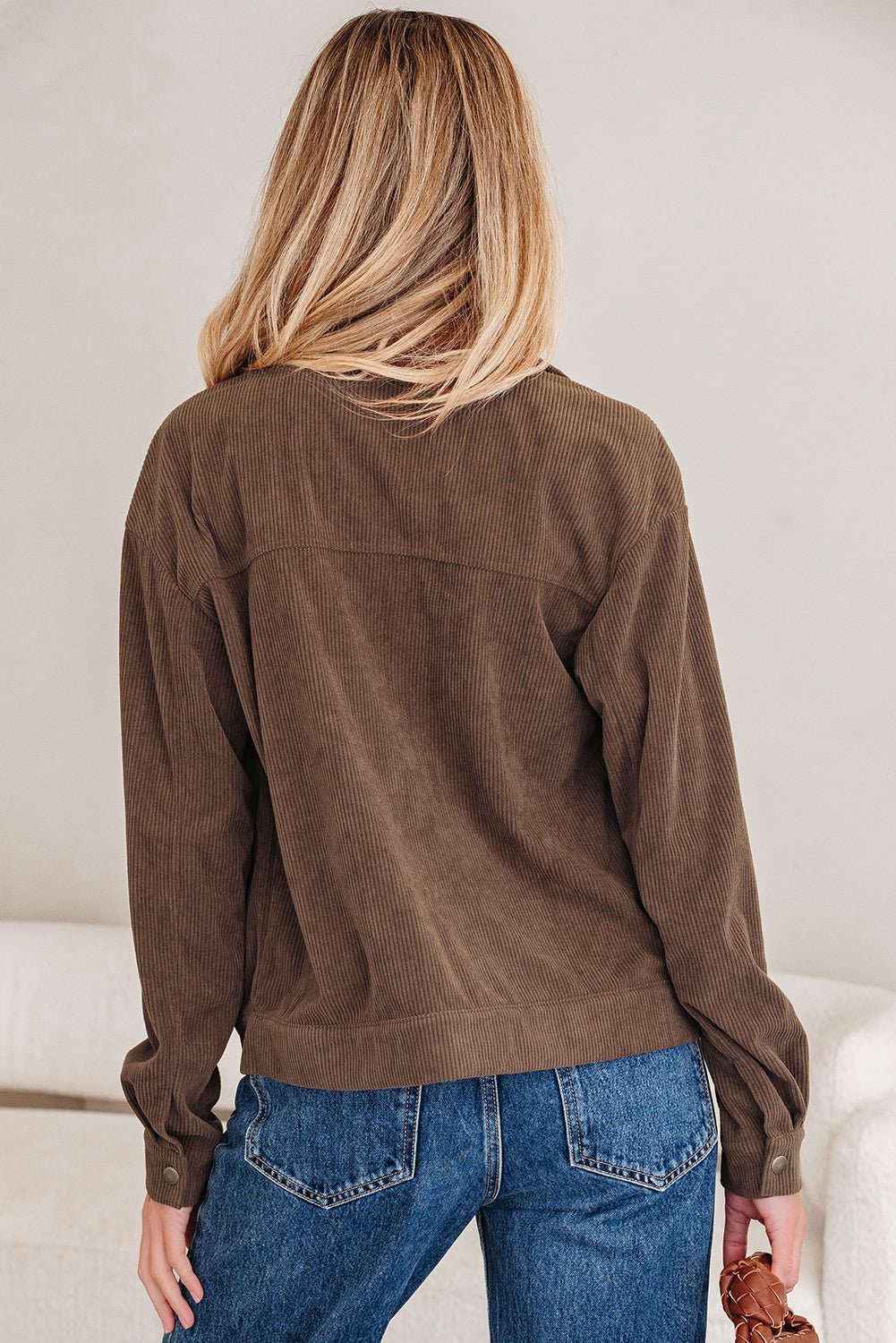 Solid Corduroy Lapel Collar Zip-Up Buttoned Jacket - Rooted & Reckless Co.