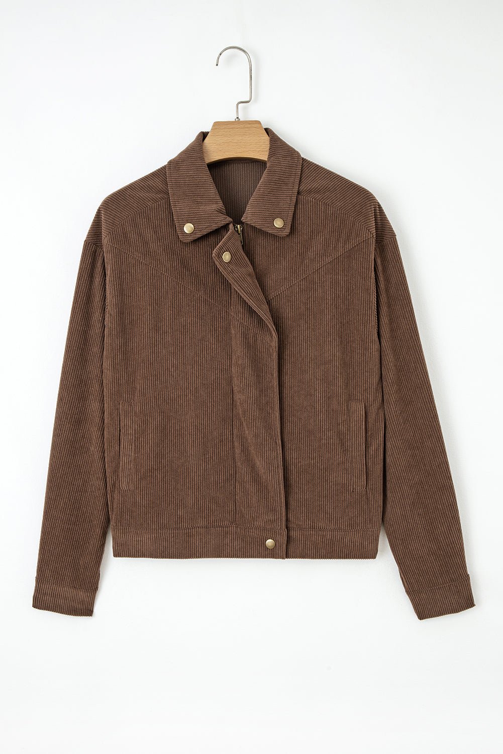 Solid Corduroy Lapel Collar Zip-Up Buttoned Jacket - Rooted & Reckless Co.