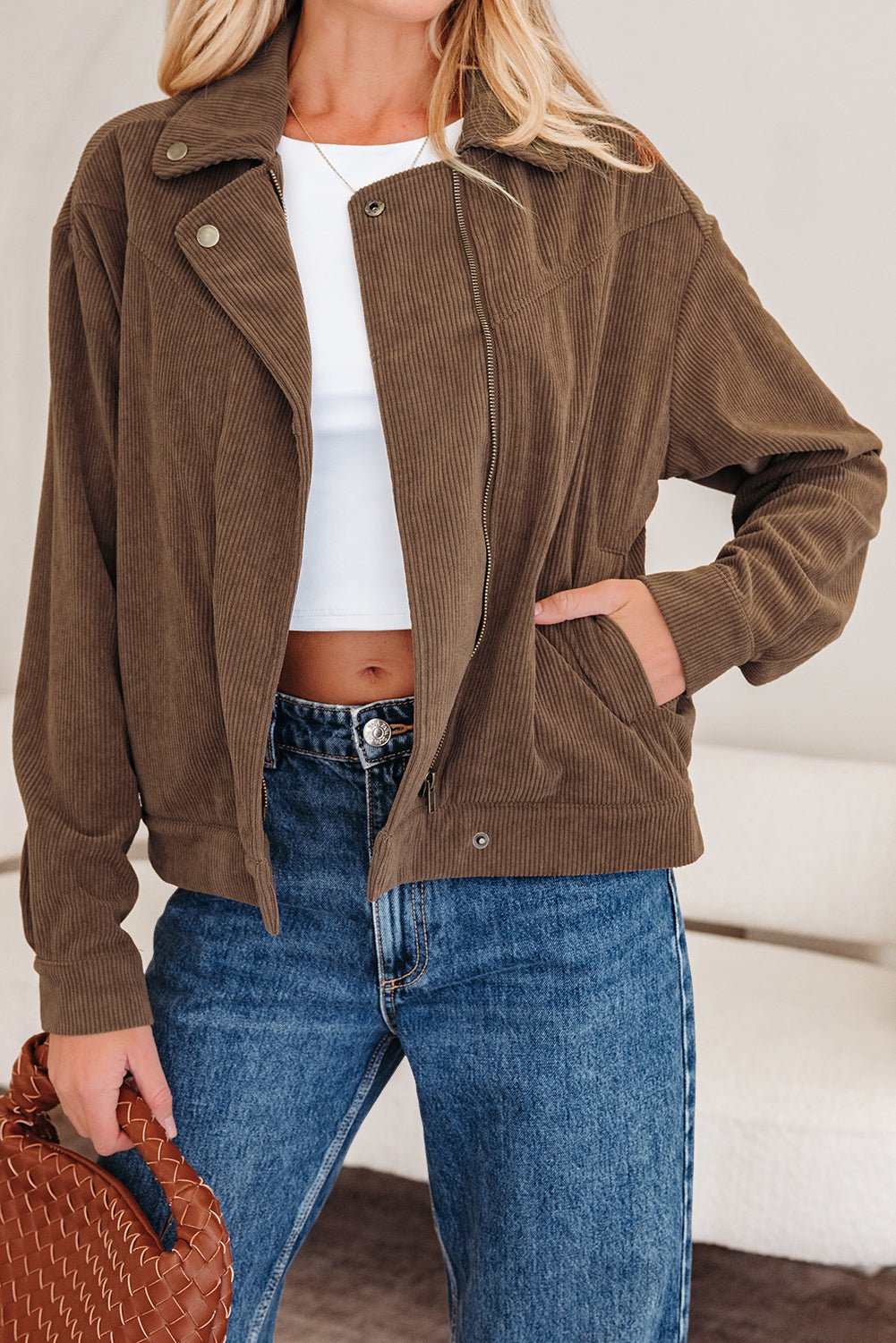 Solid Corduroy Lapel Collar Zip-Up Buttoned Jacket - Rooted & Reckless Co.