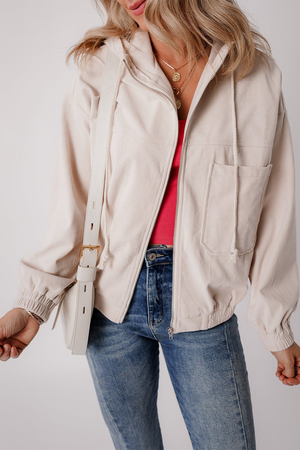 Solid Corduroy Zip-Up Pocketed Hooded Jacket - Rooted & Reckless Co.