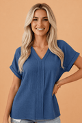Solid Crinkle Textured Batwing Sleeve V-Neck Blouse - Rooted & Reckless Co.