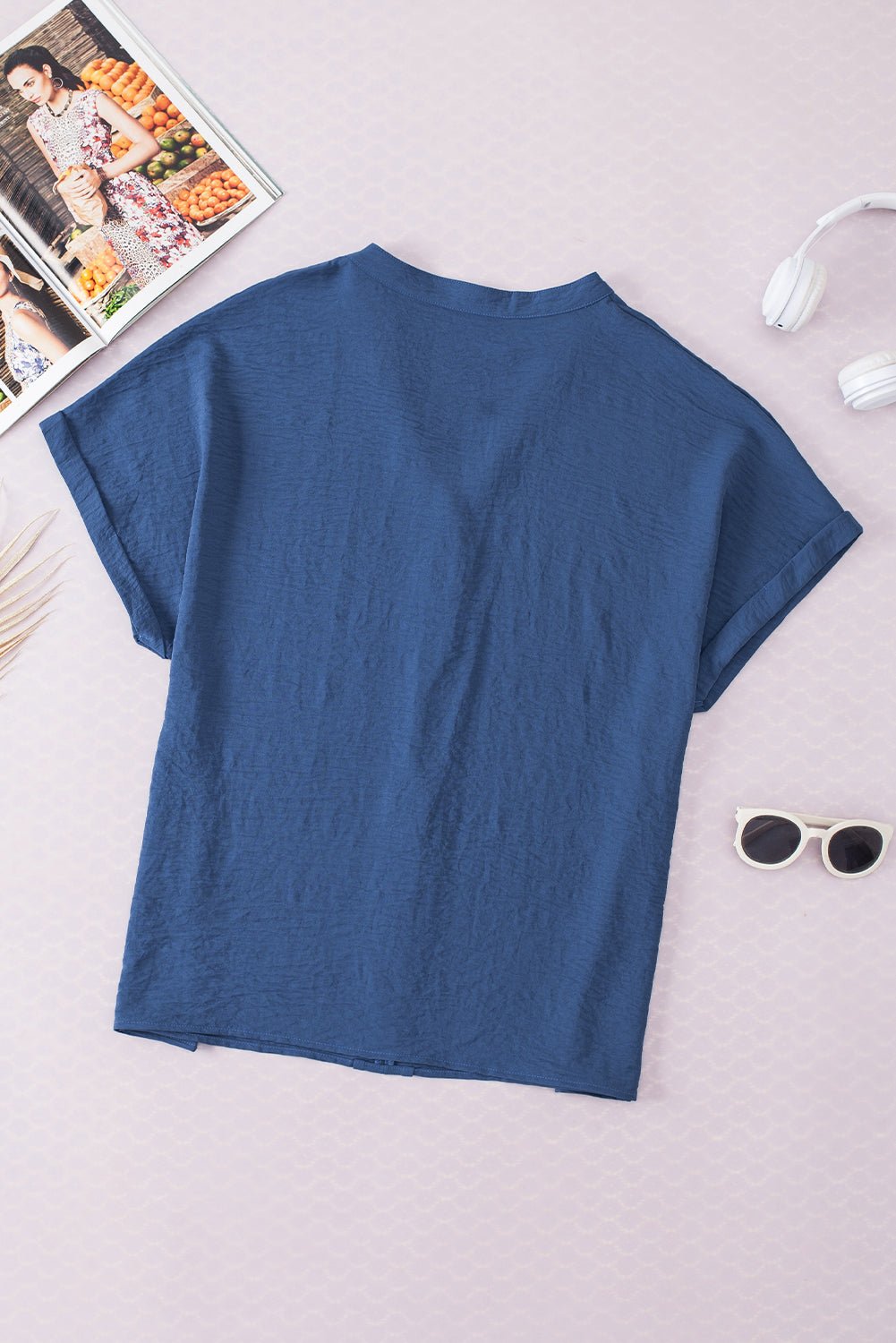 Solid Crinkle Textured Batwing Sleeve V-Neck Blouse - Rooted & Reckless Co.