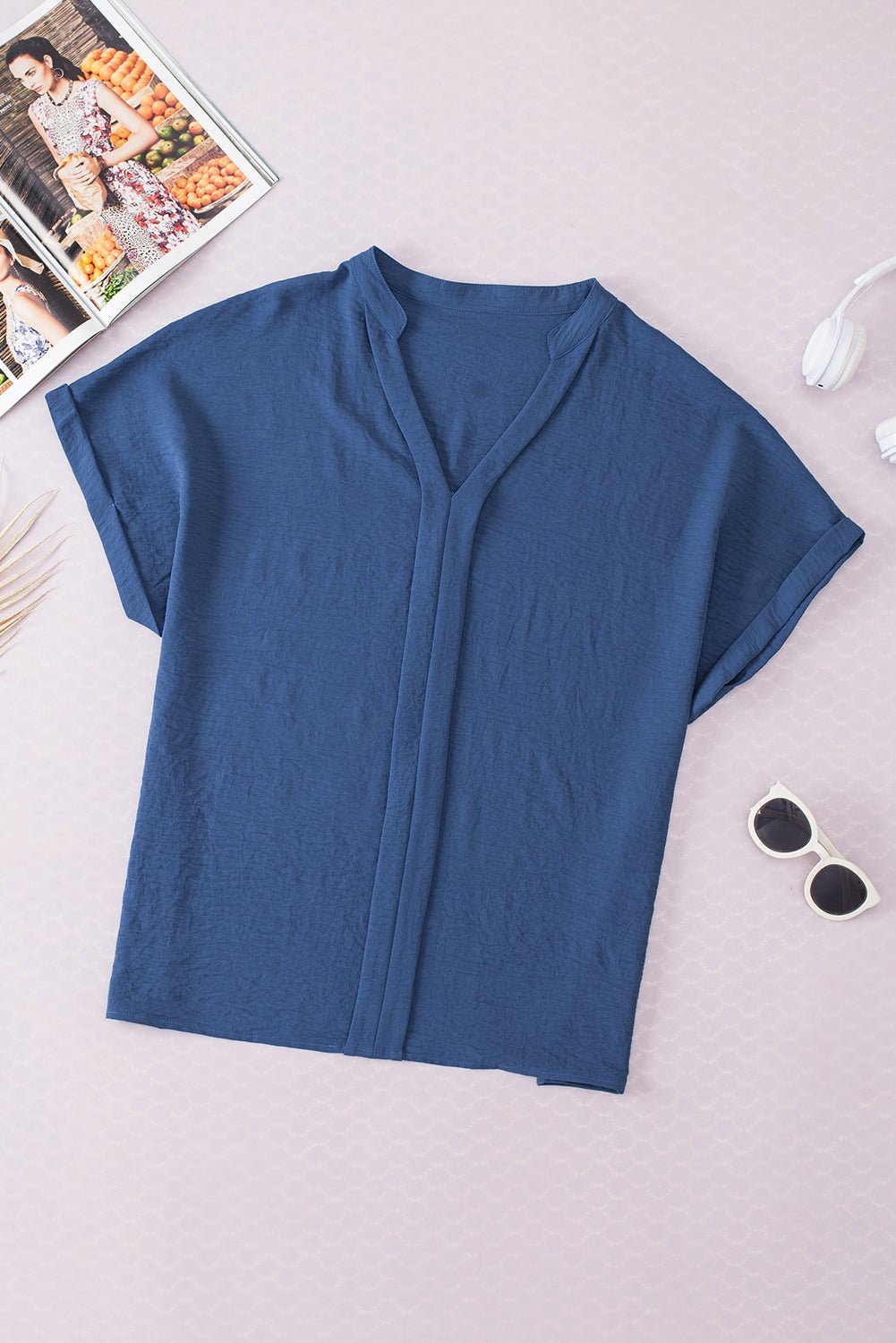 Solid Crinkle Textured Batwing Sleeve V-Neck Blouse - Rooted & Reckless Co.