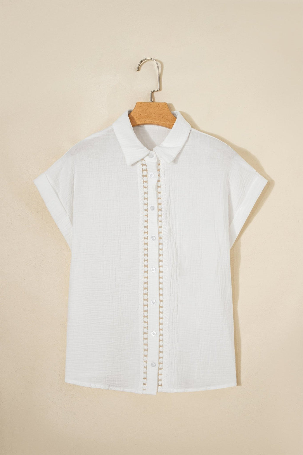 Solid Crinkle Textured Lace Trim Buttoned Shirt - Rooted & Reckless Co.