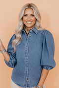 Solid Denim 3/4 Puff Sleeve Collared Shirt - Rooted & Reckless Co.